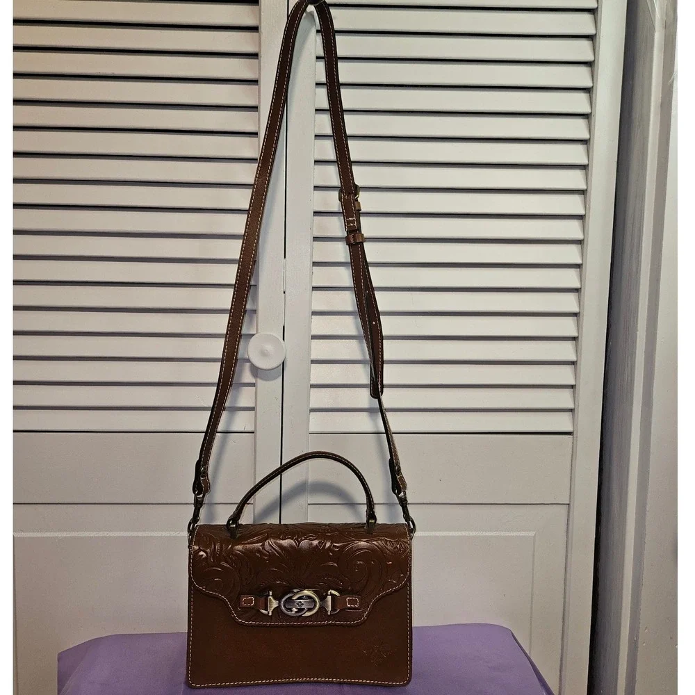 Patricia‎ Nash Brown Tooled Leather Floral Crossbody Satchel Bag Top Handle